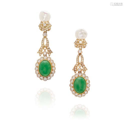 PAIR OF 18K GOLD, JADEITE, CULTURED PEARL AND DIAMOND PENDAN...