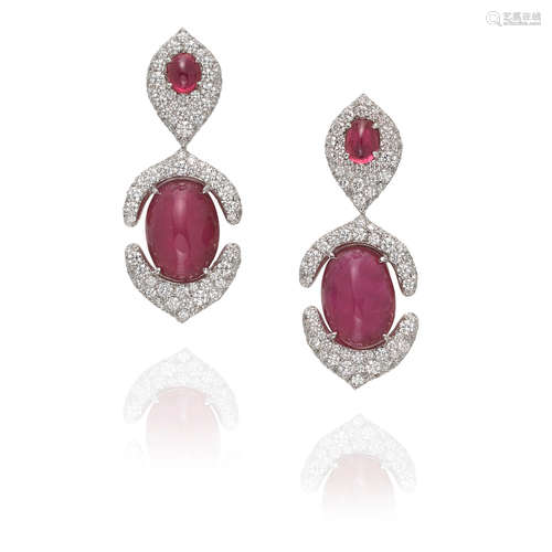 PAIR OF 18K WHITE GOLD, RUBY AND DIAMOND PENDANT EARRINGS