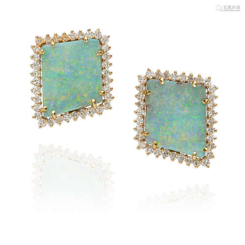 PAIR OF 14K GOLD, OPAL AND DIAMOND EARCLIPS