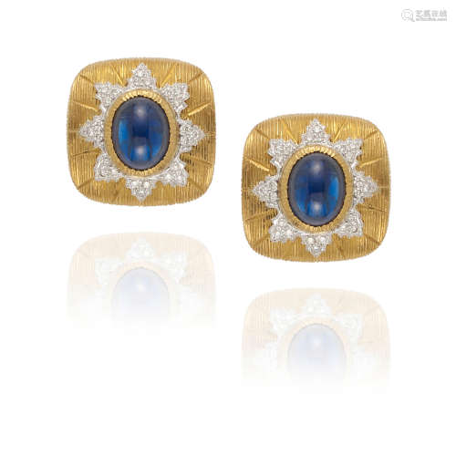 PAIR OF 18K BI-COLOR GOLD, SAPPHIRE AND DIAMOND EARCLIPS