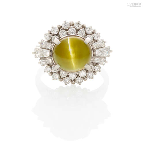 PLATINUM, CAT'S EYE CHRYSOBERYL AND DIAMOND RING