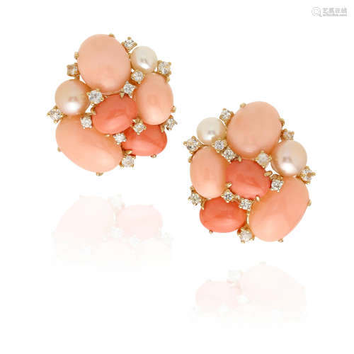 PAIR OF 18K GOLD, CORAL, WHITE SAPPHIRE, CULTURED PEARL AND ...