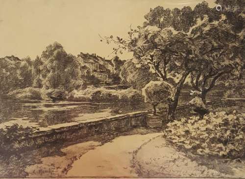 马歇-欧内斯特 (1864-1932)洛英河上的露台，1902年。炭笔和纸上的白...