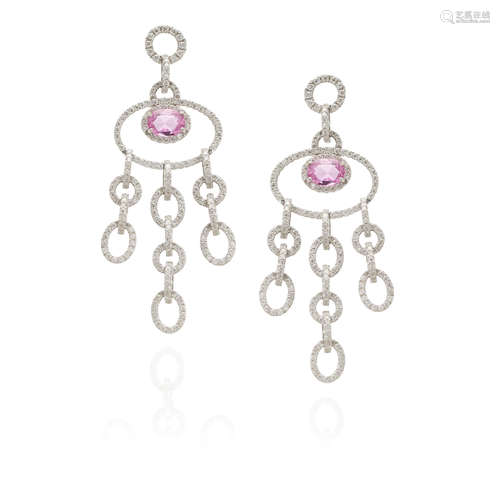 PAIR OF 18K WHITE GOLD, PINK SAPPHIRE AND DIAMOND CHANDELIER...