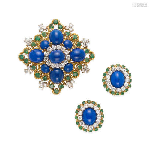 MONTCLAIR: 18K GOLD, LAPIS LAZULI, EMERALD AND DIAMOND BROOC...