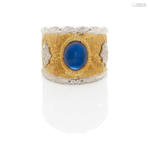 18K BI-COLOR GOLD, SAPPHIRE AND DIAMOND BAND RING