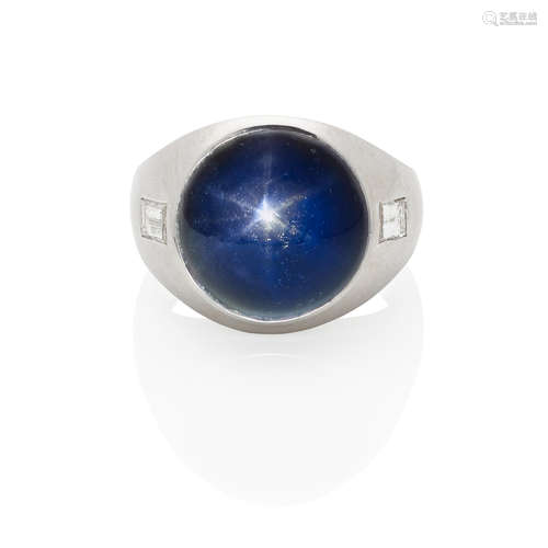 14K WHITE GOLD, STAR SAPPHIRE AND DIAMOND RING