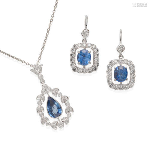 WHITE GOLD, SAPPHIRE AND DIAMOND PENDANT AND PENDANT EARRING...