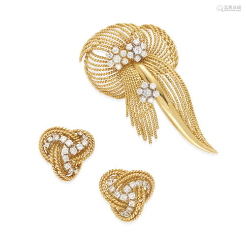 18K BI-COLOR GOLD AND DIAMOND BROOCH AND EARCLIPS