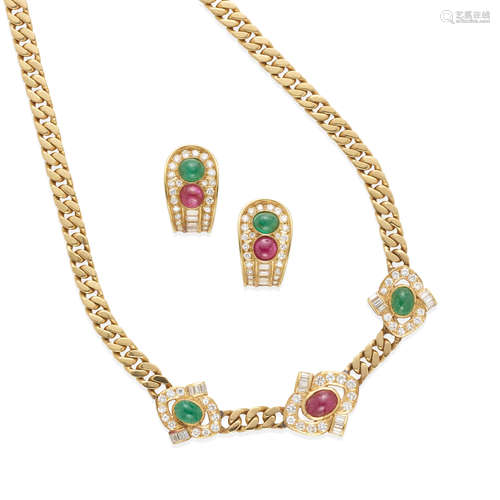 18K GOLD, DIAMOND AND GEM-SET NECKLACE AND EARCLIPS