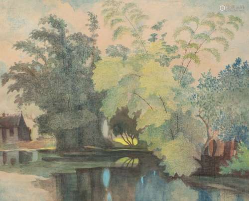 N'Huong, 20世纪。湖边的树木，1981年。水粉画在有衬里的丝绸上（Mar...