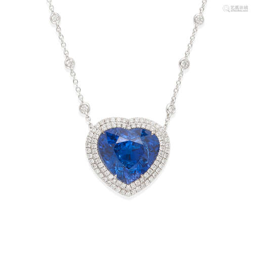 18K WHITE GOLD, TANZANITE AND DIAMOND HEART PENDANT NECKLACE