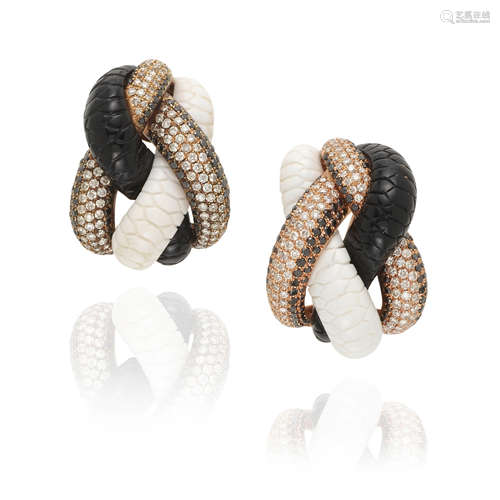 PAIR OF 18K ROSE GOLD, DIAMOND, BLACK DIAMOND AND CERAMIC HU...