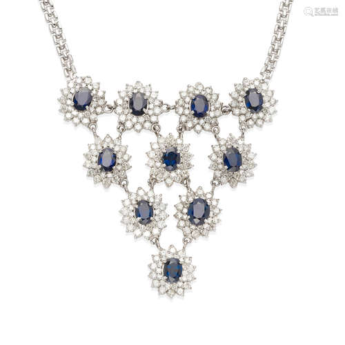 14K WHITE GOLD, SAPPHIRE AND DIAMOND BIB NECKLACE