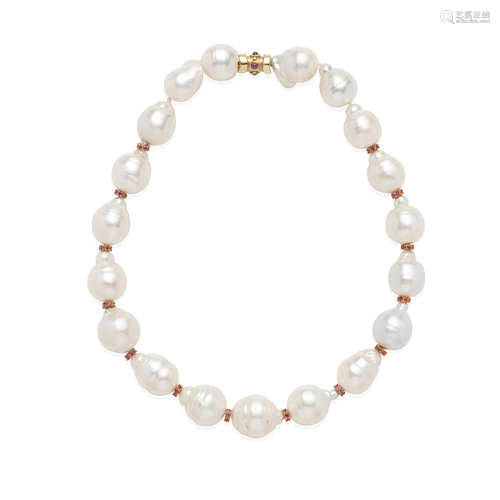 14K GOLD, CULTURED PEARL AND GEM-SET NECKLACE