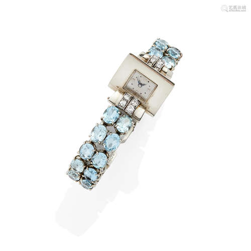 AQUAMARINE AND DIAMOND WRISTWATCH, FRENCH, CIRCA 1935