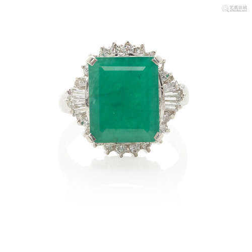 PLATINUM, EMERALD AND DIAMOND RING