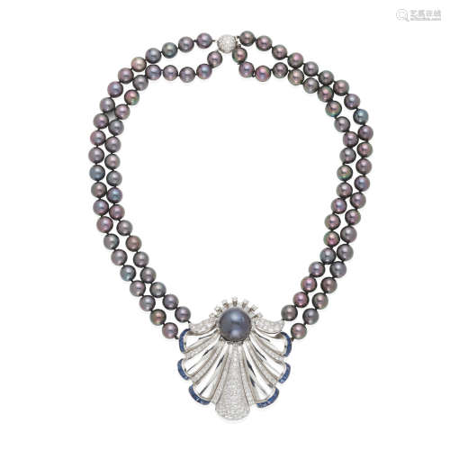 DOUBLE-STRAND CULTURED PEARL, DIAMOND AND SAPPHIRE NECKLACE