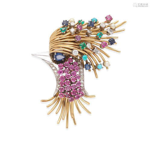 18K BI-COLOR GOLD, DIAMOND AND GEM-SET BIRD BROOCH