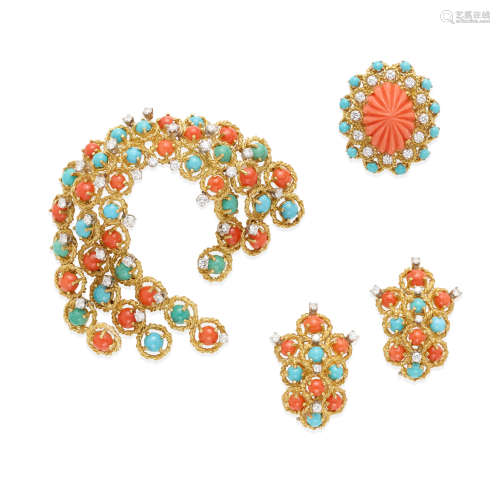 CELLINO: GROUP OF 18K GOLD, CORAL, TURQUOISE AND DIAMOND JEW...