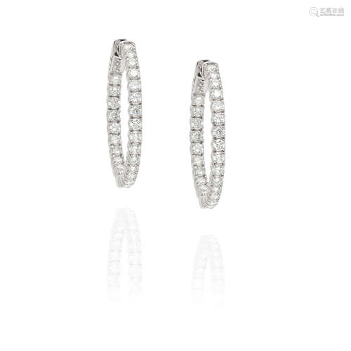 PAIR OF 14K WHITE GOLD AND DIAMOND HOOP EARRINGS