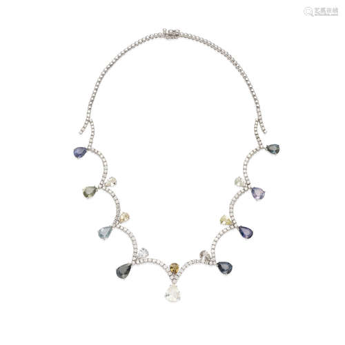 18K WHITE GOLD, DIAMOND AND SAPPHIRE NECKLACE