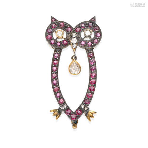 BLACKENED 14K GOLD, DIAMOND AND RUBY OWL BROOCH