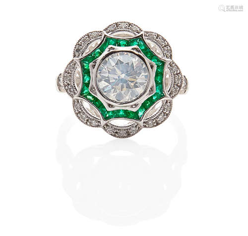 PLATINUM, DIAMOND AND EMERALD RING