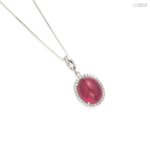 18K WHITE GOLD, RUBELLITE TOURMALINE AND DIAMOND PENDANT NEC...