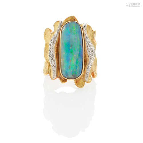 PLATINUM, 18K GOLD, OPAL AND DIAMOND RING