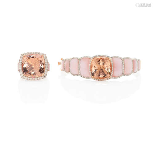 14K ROSE GOLD, MORGANITE, MOTHER-OF-PEARL AND DIAMOND HINGED...