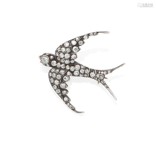 SILVER-TOPPED GOLD, DIAMOND AND RUBY SWALLOW PIN