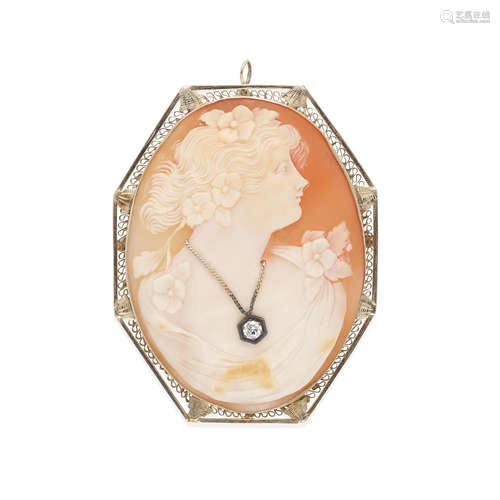 14K WHITE GOLD, SHELL AND DIAMOND CAMEO BROOCH