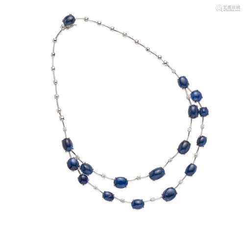 18K WHITE GOLD, SAPPHIRE CABOCHON AND DIAMOND NECKLACE