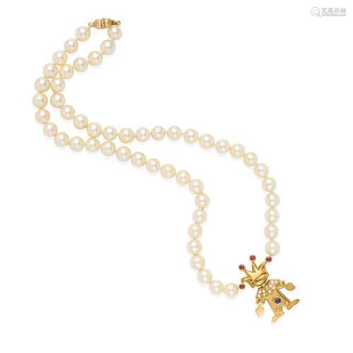 GOLD, CULTURED PEARL, DIAMOND AND GEM-SET JESTER PENDANT NEC...