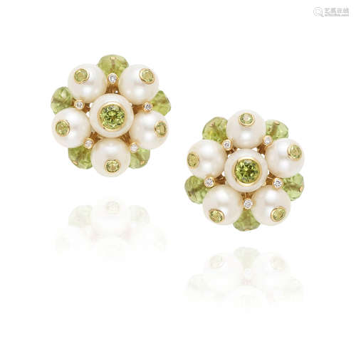 TRIANON: PAIR OF 18K GOLD, CULTURED PEARL, PERIDOT AND DIAMO...