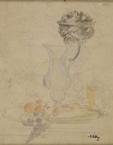 安托万-沃尔隆，1833-1900年花瓶和水果水彩和石墨（污损右下方的签...