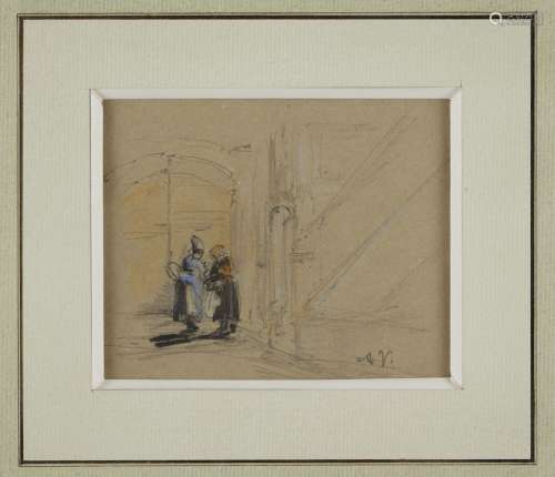 安托万-沃尔隆，1833-1900年两个农妇--长椅上的情侣两幅水彩画，一...