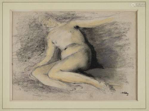 安托万-沃尔隆，1833-1900年裸体躺着的人炭笔和水彩（折叠的小痕迹...