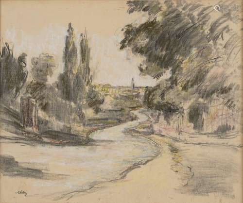 安托万-沃尔隆，1833-1900年河流和树木布纸上的粉彩和水洗左边底部...