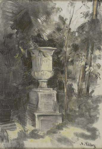 安托万-沃尔隆，1833-1900年公园里的盆地布纸上的粉彩和水洗右下方...