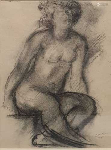 ZWOBADA Jacques, 1900-1967,坐着的裸体，1945年。纸上木炭和树桩（...
