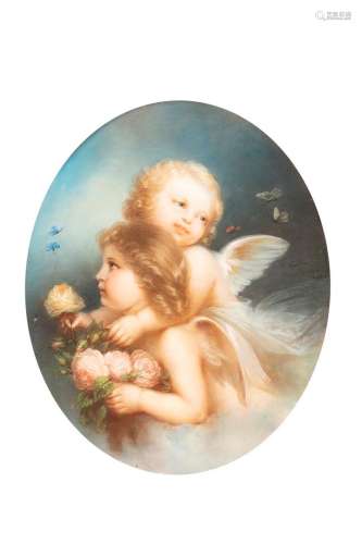 PAULIN Fr，在BROCHART之后玩弄蝴蝶的Angelots，1872年椭圆形粉彩画...