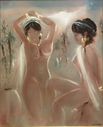 萨拉赫（CHAOUI）（1944-）。妇女布面油画，右下角有签名65 x 55厘米