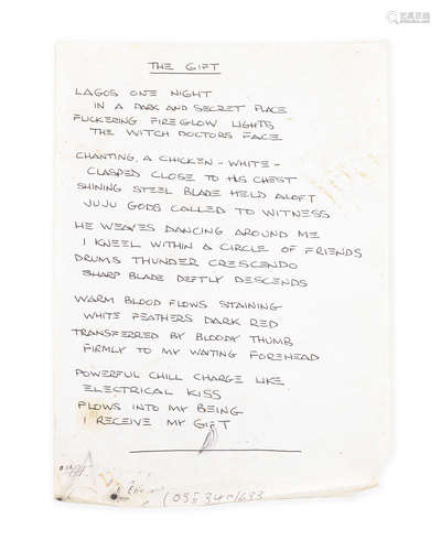 Ginger Baker: A handwritten poem 'The Gift', circa 1970,