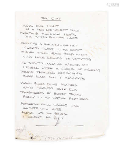 Ginger Baker: A handwritten poem 'The Gift', circa 1970,