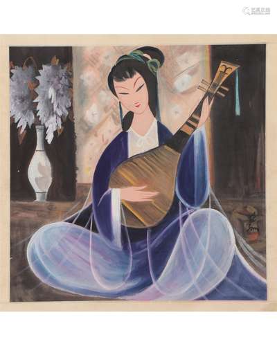 A Chinese Painting of Lady Playing a Musical Instrument