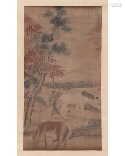 A Chinese Painting Depicting Figure And Horses