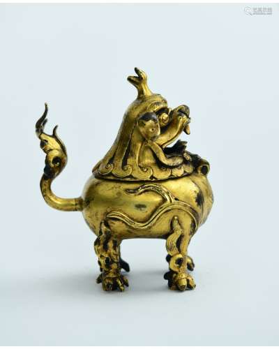 A Gilt-Bronze Lion Form Incense Burner