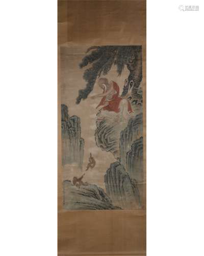 A Chinese Painting Depicting Story of Long Eyebrows Arhat